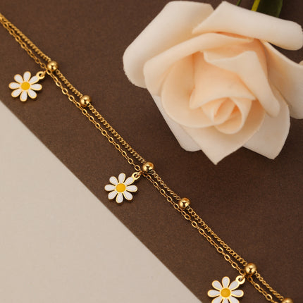 Pulsera De Acero Inoxidable Con Colgante De Flor Y Bolas Metálicas
