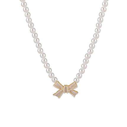 Collar De Estilo Francés De Perlas Blancas Elegante Con Lazo De Lujo Leve De Moda