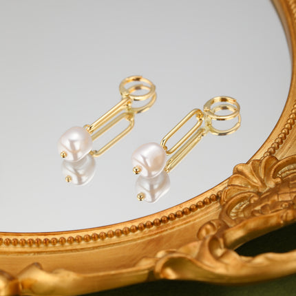 Aretes Largos Cobre De Oro 14K De Cadena Con Perlas Artificiales