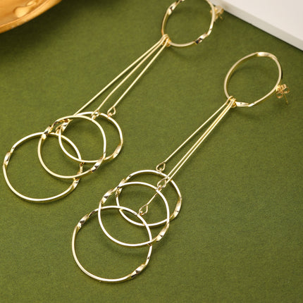 Aretes Largos De Aro Con Flecos, Diseño Metálico Minimalista En Cobre