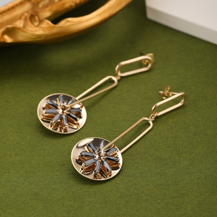 Aretes Largos En Cobre De Flores De Cristal Negro Con Disco