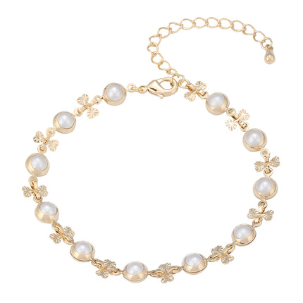 Pulsera De Cadena Con Hojas Y Perlas Sintéticas Enlazadas Para Mujer