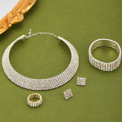 Conjunto De Collar, Aretes, Pulsera Y Anillo Con Diseño Hueco Y Diamantes De Imitación Para Novias Y Ceremonias