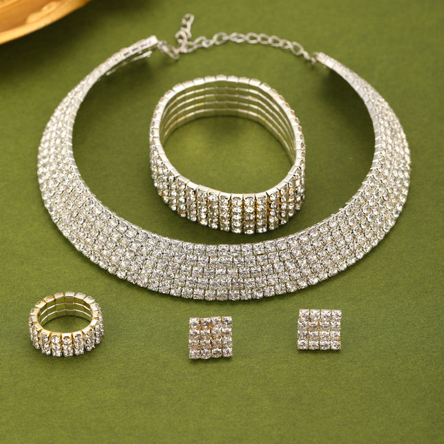 Conjunto De Collar, Aretes, Pulsera Y Anillo Con Diseño Hueco Y Diamantes De Imitación Para Novias Y Ceremonias