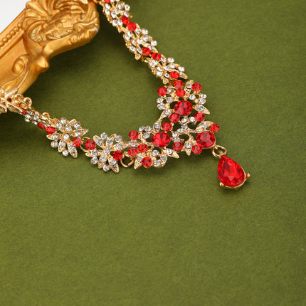 Conjunto De Collar Y Aretes De Cristal Rojo Con Incrustaciones, Elegante Para Novias Y Ceremonias