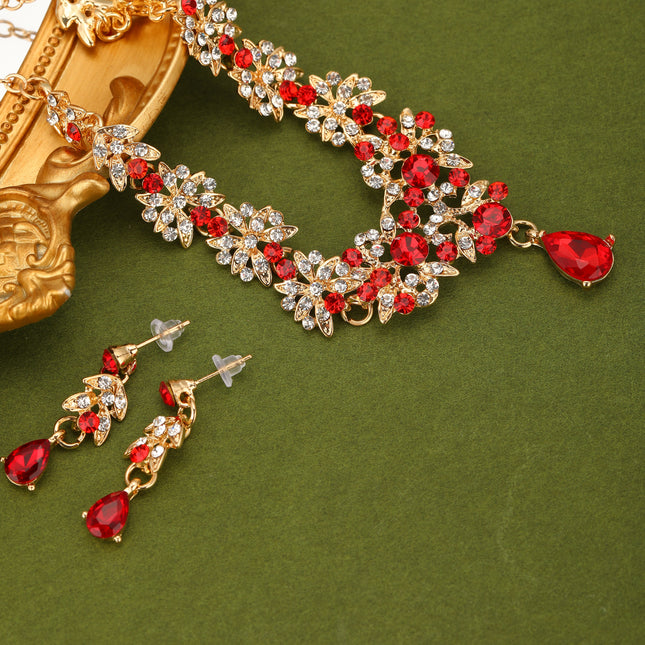 Conjunto De Collar Y Aretes De Cristal Rojo Con Incrustaciones, Elegante Para Novias Y Ceremonias