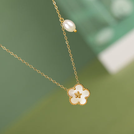 Collar De Acero Inoxidable De Perla Con Doble Colgante De Flor De Cinco Pétalos Y Concha