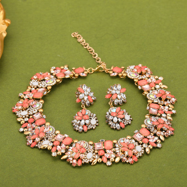 Conjunto De Collar Y Aretes De Diseño Vintage Con Cristales De Colores Para Novias Y Ceremonias