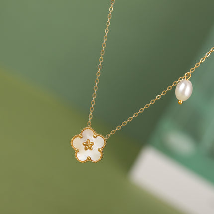 Collar De Acero Inoxidable De Perla Con Doble Colgante De Flor De Cinco Pétalos Y Concha