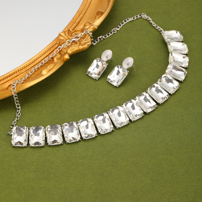Conjunto De Collar Y Aretes Con Cristales Cuadrados De Aleación Para Novias Y Ceremonias