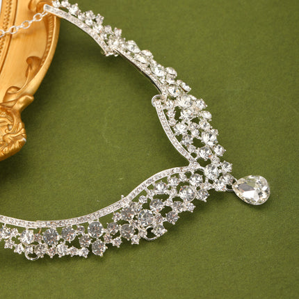 Conjunto De Collar, Aretes Y Corona De Boda Con Incrustaciones De Cristal Para Novias Y Ceremonias