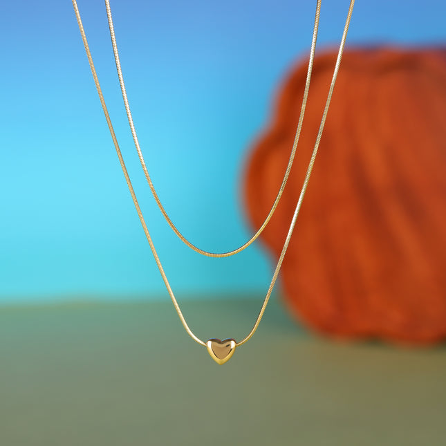 Collar De Doble Capa De Cadena De Serpiente De Acero Inoxidable Con Colgante De Corazón