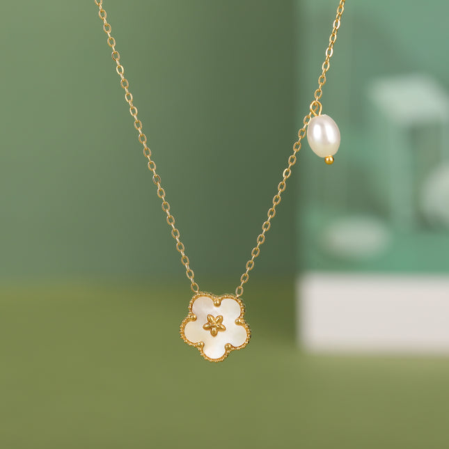 Collar De Acero Inoxidable De Perla Con Doble Colgante De Flor De Cinco Pétalos Y Concha