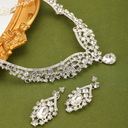 Conjunto De Collar, Aretes Y Corona De Boda Con Incrustaciones De Cristal Para Novias Y Ceremonias