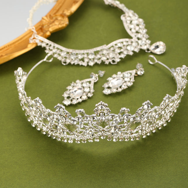 Conjunto De Collar, Aretes Y Corona De Boda Con Incrustaciones De Cristal Para Novias Y Ceremonias
