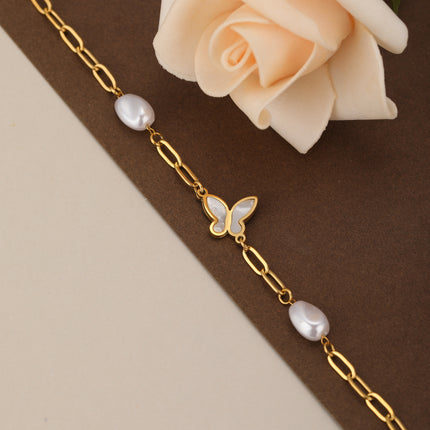 Pulsera De Perlas Con Diseño De Mariposa Elegante En Cobre Chapado En Oro 14K