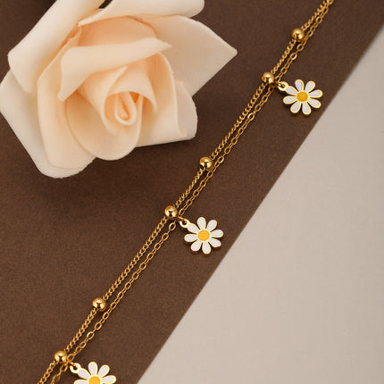 Pulsera De Acero Inoxidable Con Colgante De Flor Y Bolas Metálicas