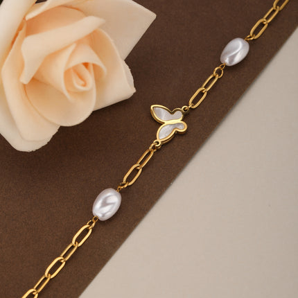Pulsera De Perlas Con Diseño De Mariposa Elegante En Cobre Chapado En Oro 14K