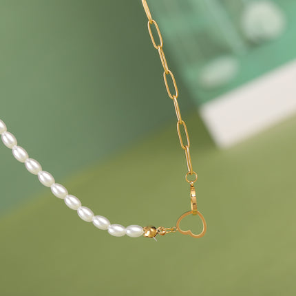 Collar De Cadena De Perlas Y Con Colgante De Dos Corazones Cruzadas Con Diseño De Moda