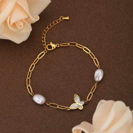 Pulsera De Perlas Con Diseño De Mariposa Elegante En Cobre Chapado En Oro 14K