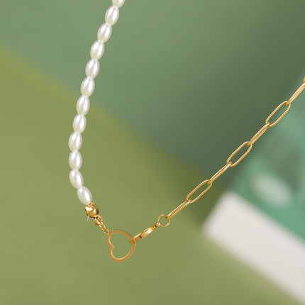 Collar De Cadena De Perlas Y Con Colgante De Dos Corazones Cruzadas Con Diseño De Moda