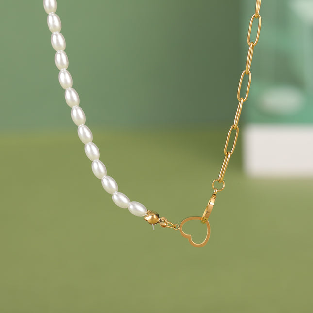 Collar De Cadena De Perlas Y Con Colgante De Dos Corazones Cruzadas Con Diseño De Moda