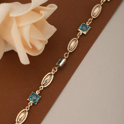Pulsera De Cobre Con Cubos, Cristales Azules Y  Concha Metálica