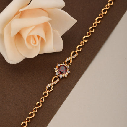 Pulsera De Cadena De Cobre Con Girasol Y Zirconias Rojas Diseño Elegante