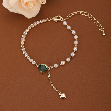 Pulsera De Corazón De Cristal Verde Con Zirconia Y Perlas Imitación