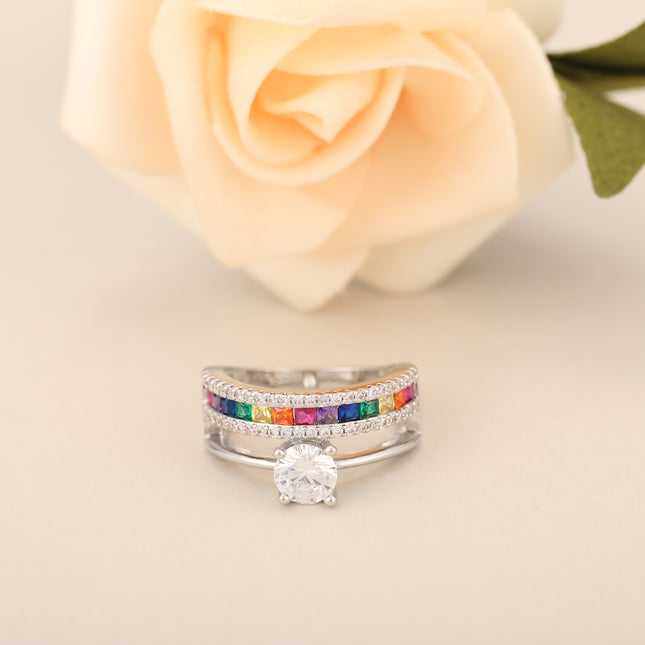 Anillo Con Diseño Multicapa Y Hueco Con Diamantes Zirconia De Cobre Chapado En Plata