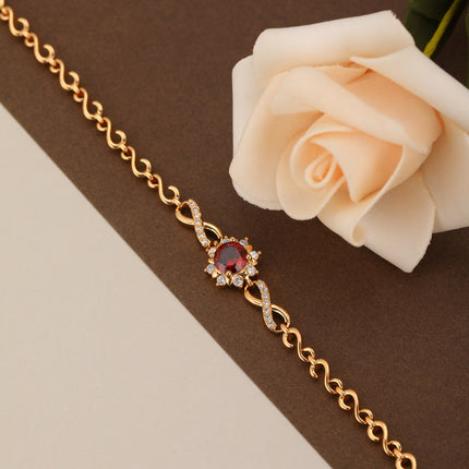 Pulsera De Cadena De Cobre Con Girasol Y Zirconias Rojas Diseño Elegante