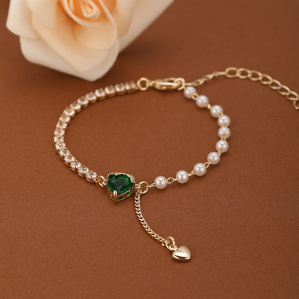 Pulsera De Corazón De Cristal Verde Con Zirconia Y Perlas Imitación