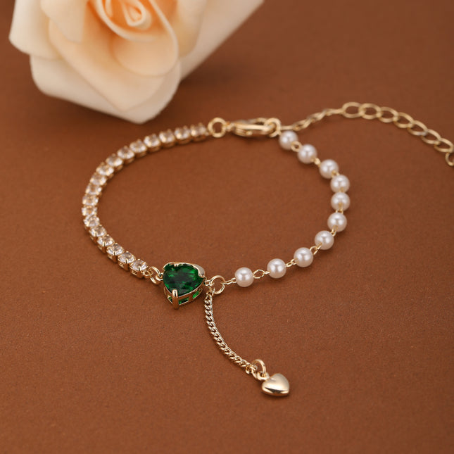 Pulsera De Corazón De Cristal Verde Con Zirconia Y Perlas Imitación