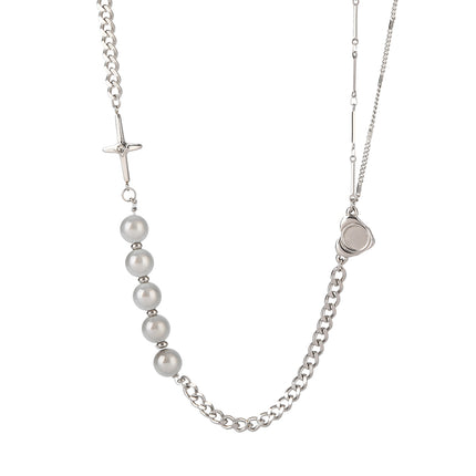 Collar De Acero Inoxidable Con Lenjuela En Forma De Corazón Y Perlas INS De Moda