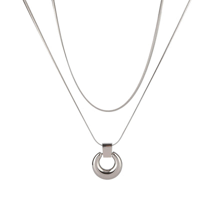 Collar De Doble Capa Con Colgante De Anillo Curvado De Cadena De Serpiente De Acero Inoxidable