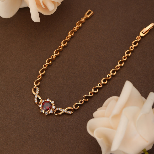 Pulsera De Cadena De Cobre Con Girasol Y Zirconias Rojas Diseño Elegante