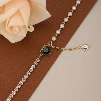 Pulsera De Corazón De Cristal Verde Con Zirconia Y Perlas Imitación