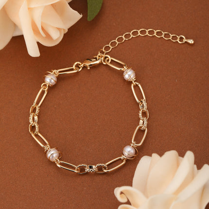Pulsera De Cadena De Cobre Estilo Moda Con Perlas Sintéticas Para Mujer