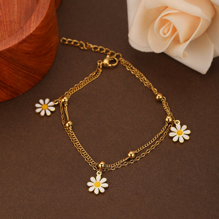 Pulsera De Acero Inoxidable Con Colgante De Flor Y Bolas Metálicas