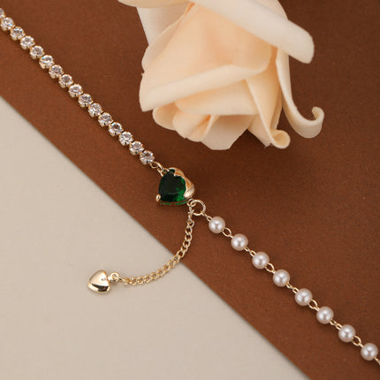Pulsera De Corazón De Cristal Verde Con Zirconia Y Perlas Imitación