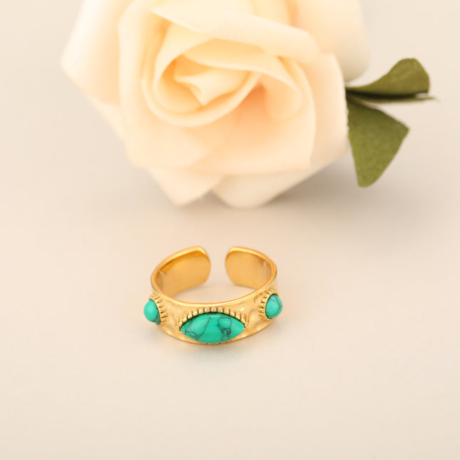 Anillo Abierto Con Piedra Natural Verde En Acero Inoxidable Chapado En Oro 14K