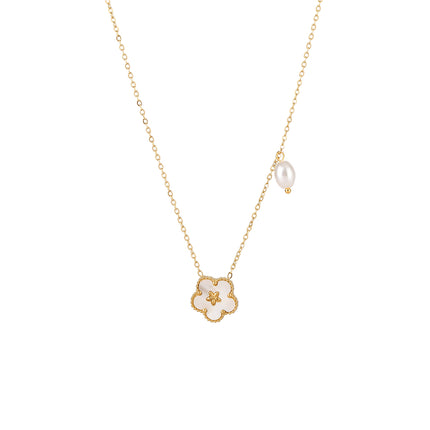 Collar De Acero Inoxidable De Perla Con Doble Colgante De Flor De Cinco Pétalos Y Concha