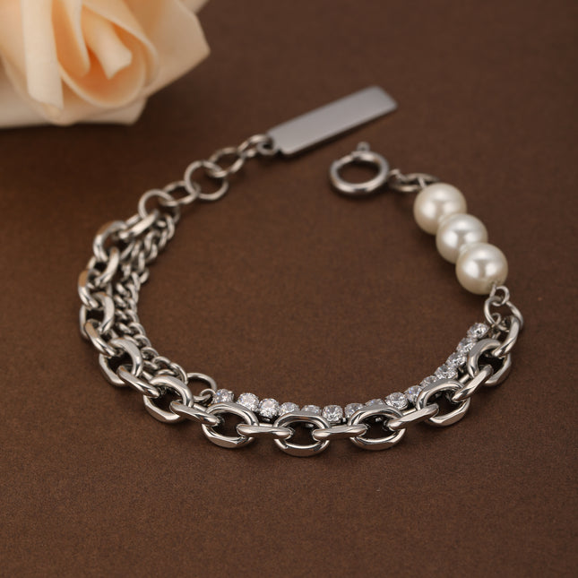 Pulsera De Perlas Artificiales Con Cadena De Acero Inoxidable