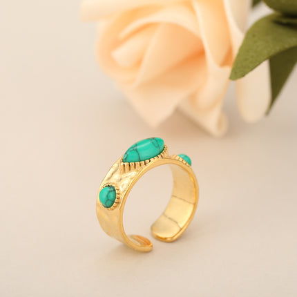 Anillo Abierto Con Piedra Natural Verde En Acero Inoxidable Chapado En Oro 14K