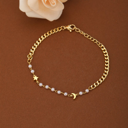 Pulsera De Cadena Con Estrellas, Luna Y Perlas Artificiales Estilo Moda