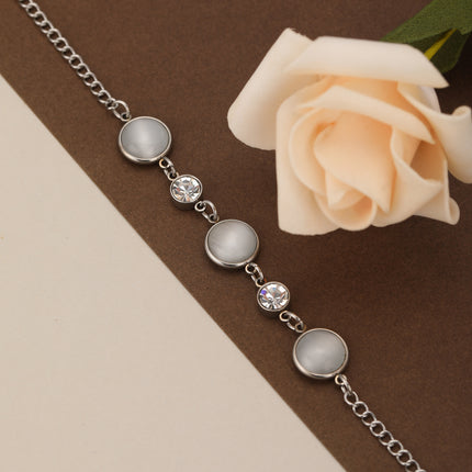 Pulsera De Cadena Con Piedra Ojo De Gato Blanca Y Zirconia Elegante