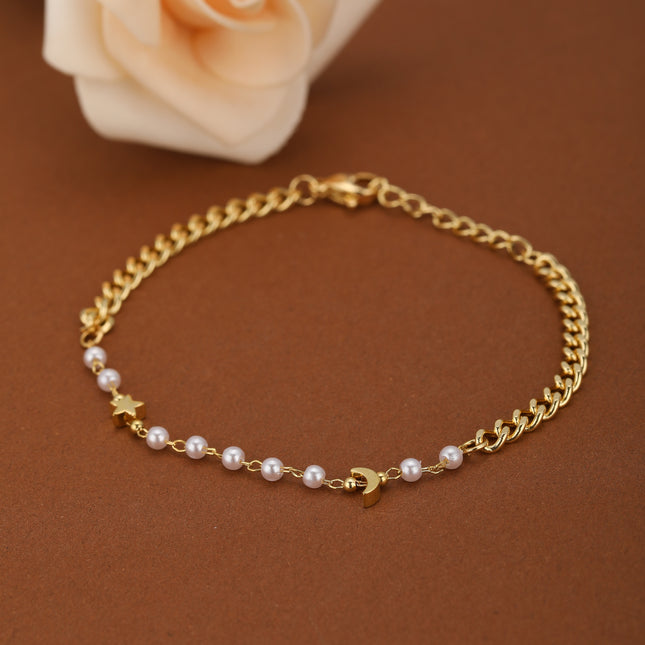 Pulsera De Cadena Con Estrellas, Luna Y Perlas Artificiales Estilo Moda