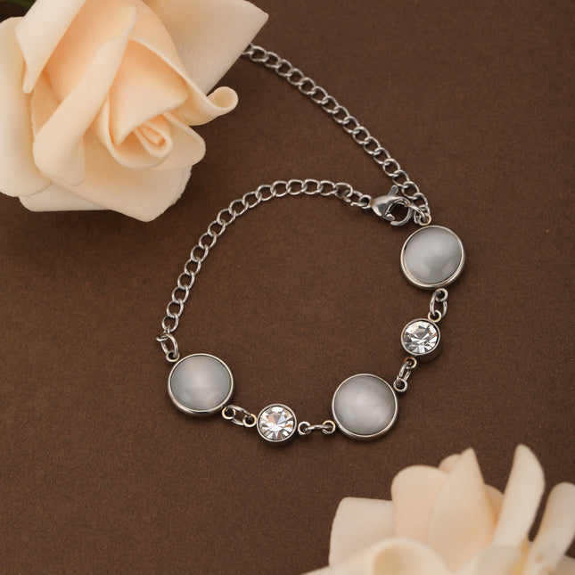 Pulsera De Cadena Con Piedra Ojo De Gato Blanca Y Zirconia Elegante