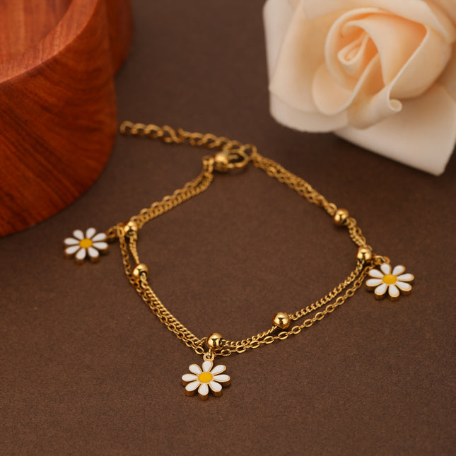 Pulsera De Acero Inoxidable Con Colgante De Flor Y Bolas Metálicas