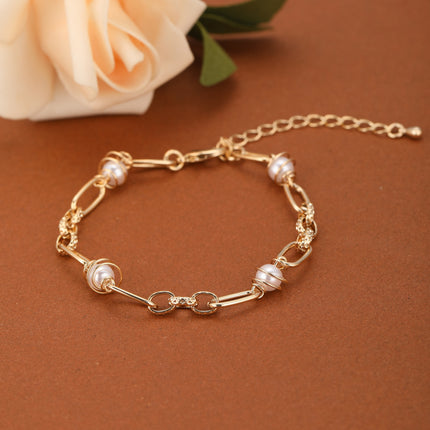 Pulsera De Cadena De Cobre Estilo Moda Con Perlas Sintéticas Para Mujer